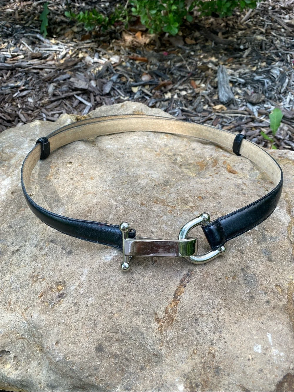 Ellen Tracy Women's Black Genuine Leather Adjustable Belt with Silver Bit Buckle